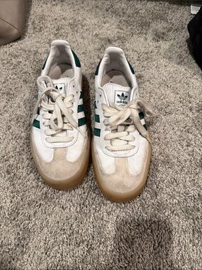 adidas White Sneakers with Green Stripes and Gum Sole